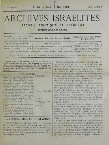Archives israélites de France. Vol.62 N°18 (02 mai 1901)